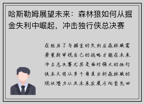 哈斯勒姆展望未来：森林狼如何从掘金失利中崛起，冲击独行侠总决赛