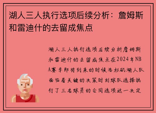 湖人三人执行选项后续分析：詹姆斯和雷迪什的去留成焦点